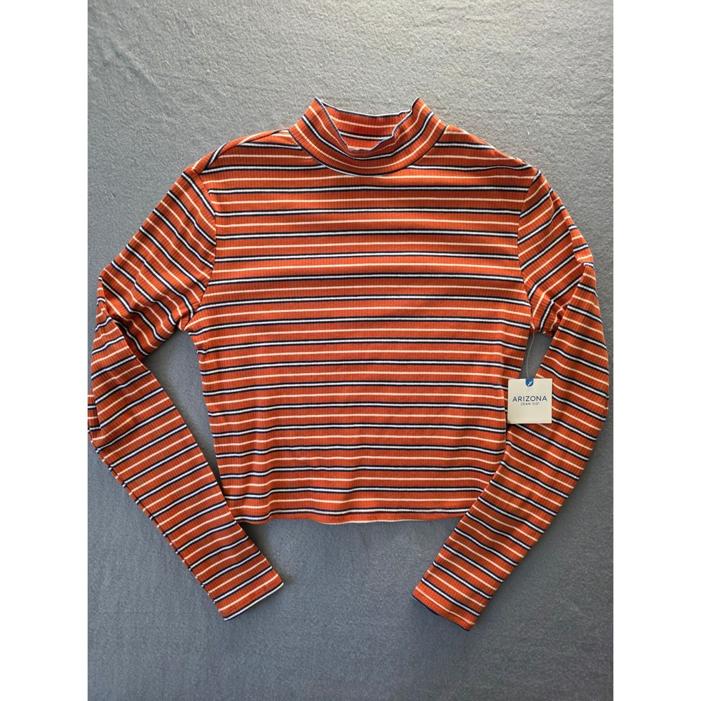 Arizona Jean Co Womens XL Striped Mock Neck Long Sleeve Ribbed Crop Top Orange